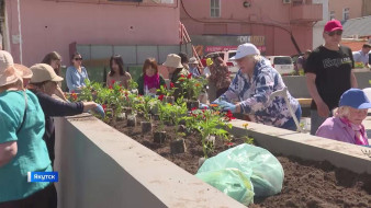 В сквере Тружеников Якутска ветераны и школьники посадили цветы